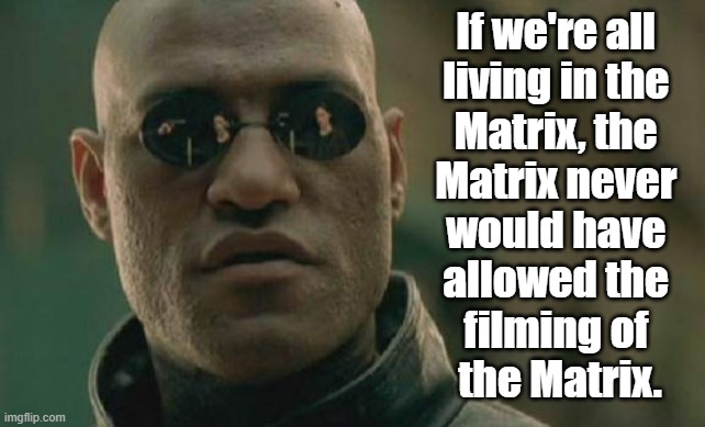 Matrix Morpheus Meme | If we're all 
living in the 
Matrix, the 
Matrix never 
would have 
allowed the 
filming of 
the Matrix. | image tagged in memes,matrix morpheus | made w/ Imgflip meme maker
