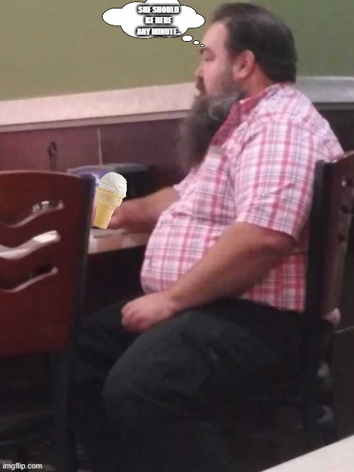 Sitting down, only to be stood up. | image tagged in fat guy,ice cream cone,bad date,waiting | made w/ Imgflip meme maker