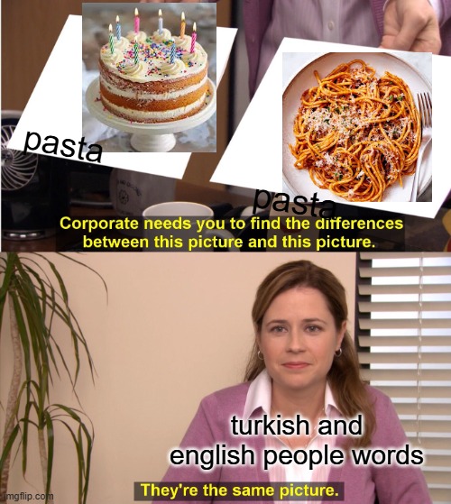 common words of pasta | pasta; pasta; turkish and english people words | image tagged in memes,they're the same picture,pasta,turkey,english | made w/ Imgflip meme maker