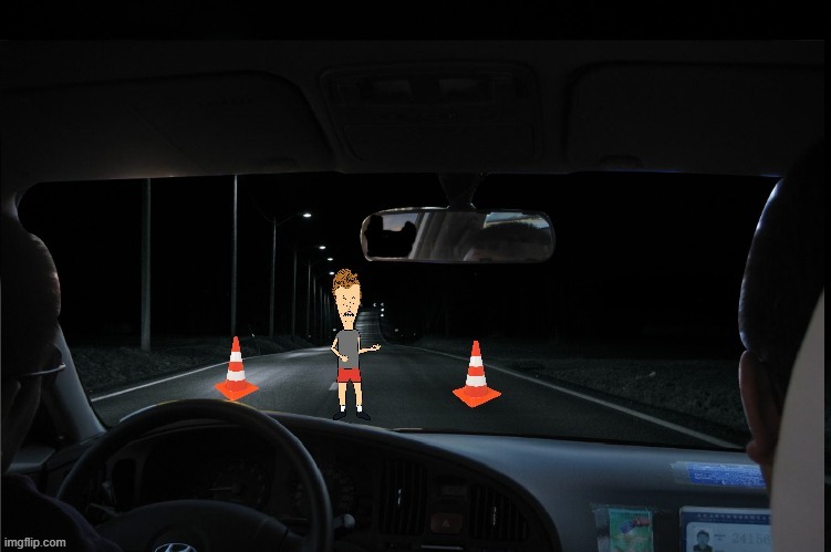 road block solo | image tagged in road,night,car,butthead,beavis and butthead,air guitar | made w/ Imgflip meme maker