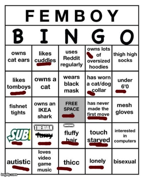 Femboy Bingo | Therian; sometimes | image tagged in femboy bingo | made w/ Imgflip meme maker
