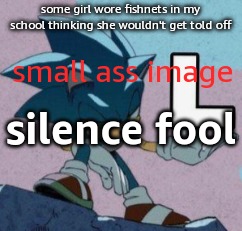 take the L | some girl wore fishnets in my school thinking she wouldn't get told off; small ass image; silence fool | image tagged in take the l | made w/ Imgflip meme maker