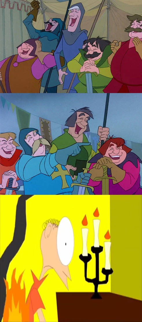 Knights laughing at Matthew's clothes on fire?!? | image tagged in knights laughing at which funny scene,deviantart,disney,deviantart week,deviantart week 2,memes | made w/ Imgflip meme maker