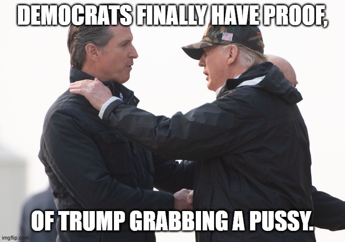 Trump proof | Democrats finally have proof, of Trump grabbing a pussy. | image tagged in newsome,trump,grab them by the pussy | made w/ Imgflip meme maker