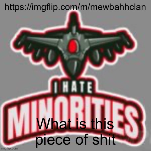i hate minorities | https://imgflip.com/m/mewbahhclan; What is this piece of shit | image tagged in i hate minorities | made w/ Imgflip meme maker