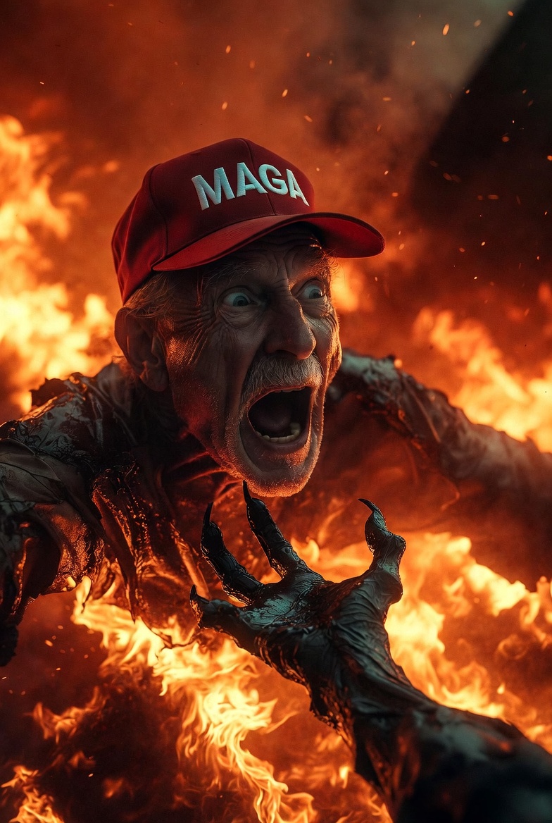 MAGA old elderly man burning in Hell Satan Blank Meme Template