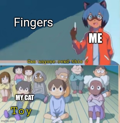 No it's not a toy | Fingers; Me; My cat; Toy | image tagged in can anyone read this | made w/ Imgflip meme maker