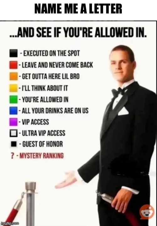 Name me a person and see if you’re allowed in | Name me a letter | image tagged in repost this image and see if you re allowed in,people | made w/ Imgflip meme maker