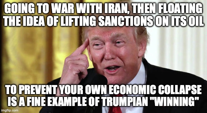 What a mess of a legacy Trump is creating | going to war with Iran, then floating the idea of lifting sanctions on its oil; to prevent your own economic collapse is a fine example of trumpian "winning" | image tagged in trump stable genius,donald trump,trump unfit unqualified dangerous,gas prices,donald trump the clown | made w/ Imgflip meme maker