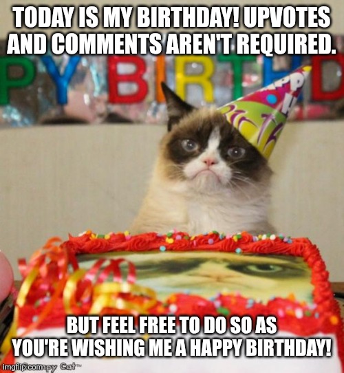 It's my bday!!! | Today is my birthday! Upvotes and comments aren't required. But feel free to do so as you're wishing me a happy birthday! | image tagged in memes,grumpy cat birthday,grumpy cat,funny | made w/ Imgflip meme maker