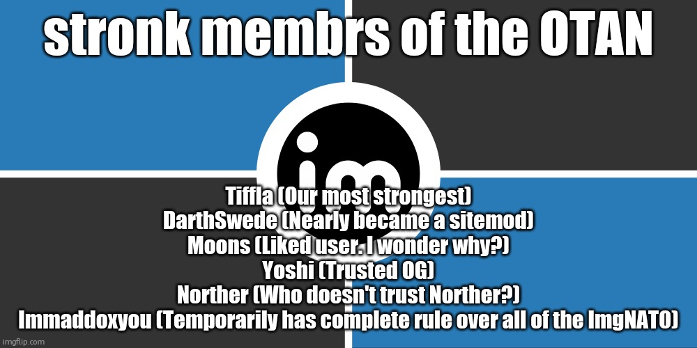 Flag of the ImgNATO by NouBlacksmith | stronk membrs of the OTAN; Tiffla (Our most strongest)
DarthSwede (Nearly became a sitemod)
Moons (Liked user. I wonder why?)
Yoshi (Trusted OG)
Norther (Who doesn't trust Norther?)
Immaddoxyou (Temporarily has complete rule over all of the ImgNATO) | image tagged in flag of the imgnato by noublacksmith | made w/ Imgflip meme maker