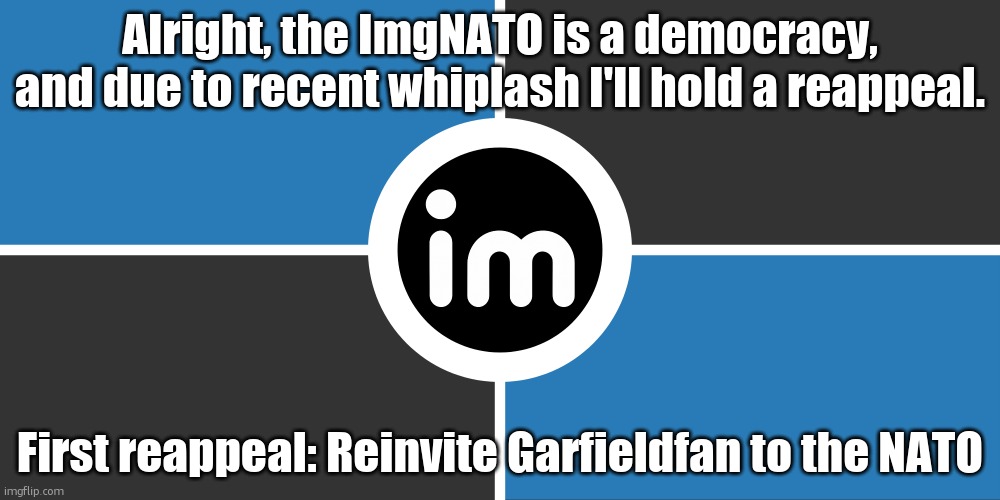 Flag of the ImgNATO by NouBlacksmith | Alright, the ImgNATO is a democracy, and due to recent whiplash I'll hold a reappeal. First reappeal: Reinvite Garfieldfan to the NATO | image tagged in flag of the imgnato by noublacksmith | made w/ Imgflip meme maker