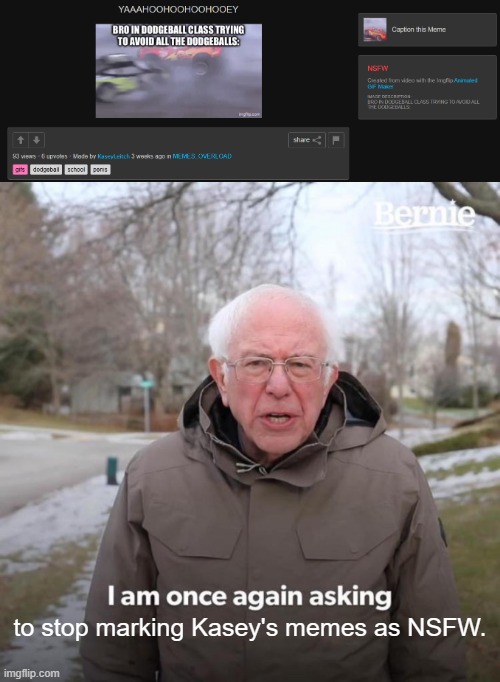 to stop marking Kasey's memes as NSFW. | image tagged in memes,bernie i am once again asking for your support | made w/ Imgflip meme maker