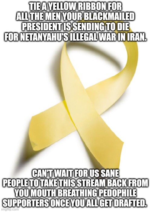 Seriously. I hope you all d**. | Tie a yellow ribbon for all the men your blackmailed president is sending to die for Netanyahu's illegal war in Iran. Can't wait for us sane people to take this stream back from you mouth breathing pedophile supporters once you all get drafted. | image tagged in yellow ribbon | made w/ Imgflip meme maker