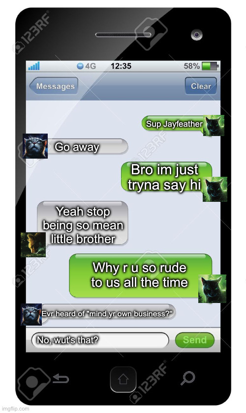 Bad little Jayfeather | Sup Jayfeather; Go away; Bro im just tryna say hi; Yeah stop being so mean little brother; Why r u so rude to us all the time; Evr heard of "mind yr own business?"; No, wut's that? | image tagged in blank text conversation | made w/ Imgflip meme maker