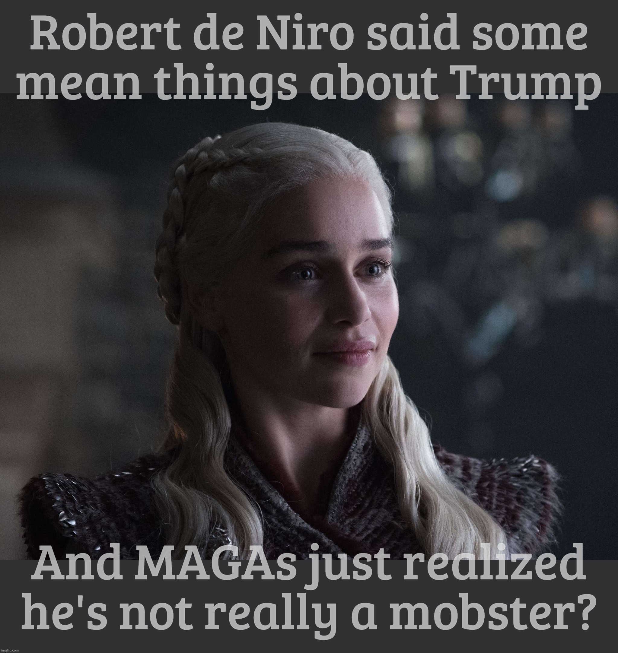 Daenerys | Robert de Niro said some
mean things about Trump And MAGAs just realized he's not really a mobster? | image tagged in daenerys | made w/ Imgflip meme maker