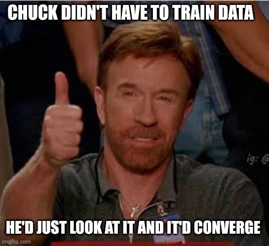 Chuck trains data by looking at it | Chuck didn't have to train data; He'd just look at it and it'd converge | image tagged in chuck norris,chuck norris approves | made w/ Imgflip meme maker