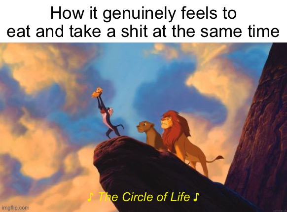 circle of life | How it genuinely feels to eat and take a shit at the same time; ♪ The Circle of Life ♪ | image tagged in circle of life | made w/ Imgflip meme maker