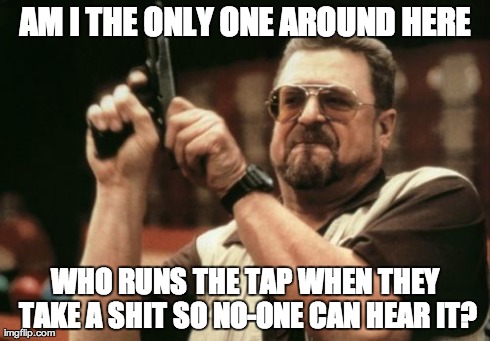 Poo Shame | AM I THE ONLY ONE AROUND HERE WHO RUNS THE TAP WHEN THEY TAKE A SHIT SO NO-ONE CAN HEAR IT? | image tagged in memes,am i the only one around here,poo,bathroom,shit | made w/ Imgflip meme maker