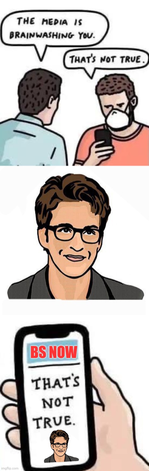 The Hoax Media is brainwashing rubes | BS Now | image tagged in maddow wojak,hoax,media | made w/ Imgflip meme maker