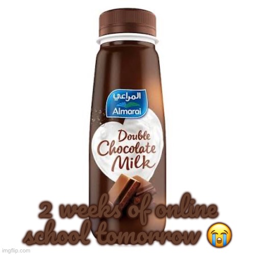 Almarai Double Chocolate Milk | 2 weeks of online school tomorrow 😭 | image tagged in almarai double chocolate milk | made w/ Imgflip meme maker