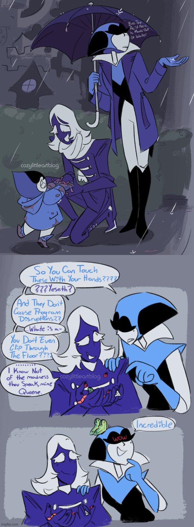 Queen Is Thinking The Bugs Are Like Computer Bugs Ig (I Found This Online, Credit To cozylittleartblog On Tumblr) | image tagged in queen,deltarune,rouxls,rain,bugs,lancer | made w/ Imgflip meme maker