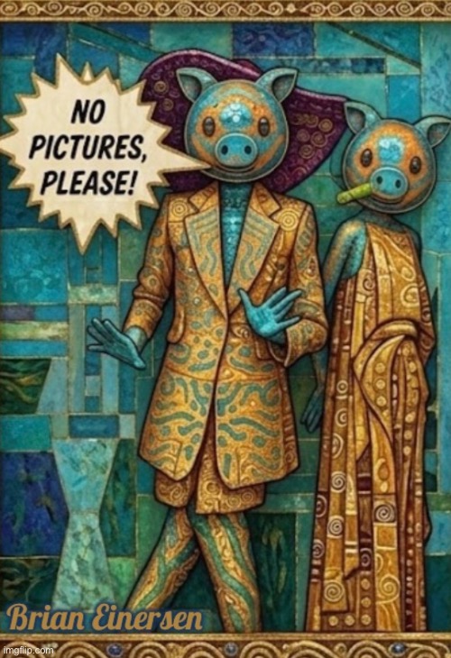 Sow & Tell | image tagged in fashion kartoon,elie saab,gustav klimt,piggy peloton,ai art,brian einersen | made w/ Imgflip meme maker