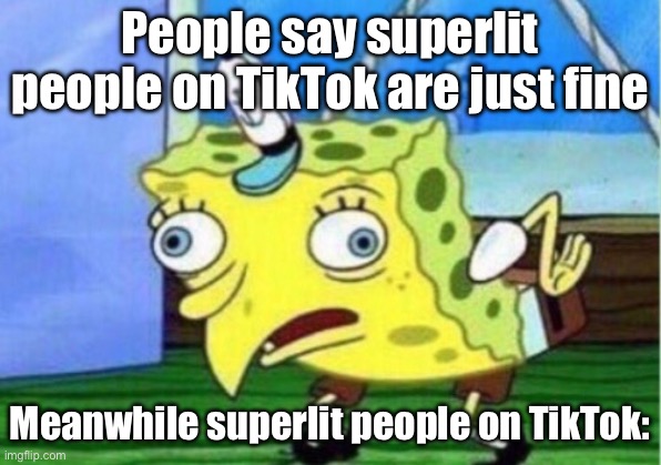 Mocking Spongebob Meme | People say superlit people on TikTok are just fine; Meanwhile superlit people on TikTok: | image tagged in memes,mocking spongebob | made w/ Imgflip meme maker