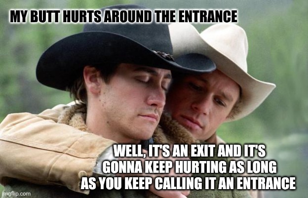My butt hurts around the entrance Well, it's an exit and it's gonna keep hurting as long as you keep calling it an entrance | image tagged in brokeback mountain | made w/ Imgflip meme maker
