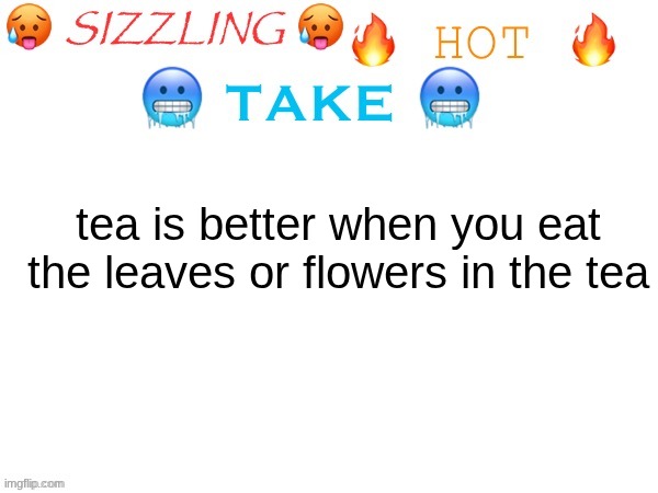 sizzling hot take | tea is better when you eat the leaves or flowers in the tea | image tagged in sizzling hot take | made w/ Imgflip meme maker