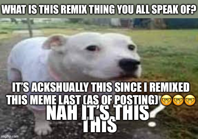 Funny | what is this remix thing you all speak of? It’s ackshually this since I remixed this meme last (as of posting) 🤓🤓🤓; Nah it’s this; this | image tagged in dog question mark,memes,remix | made w/ Imgflip meme maker