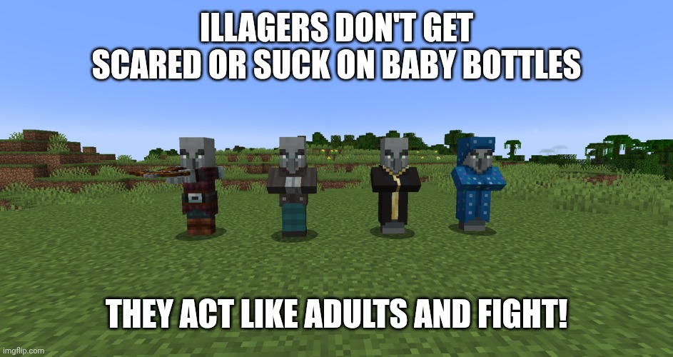 Illagers | Illagers don't get scared or suck on baby bottles; They act like adults and fight! | image tagged in illagers | made w/ Imgflip meme maker