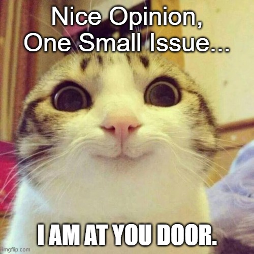 . | Nice Opinion, One Small Issue... I Am At you Door. | image tagged in memes,smiling cat | made w/ Imgflip meme maker