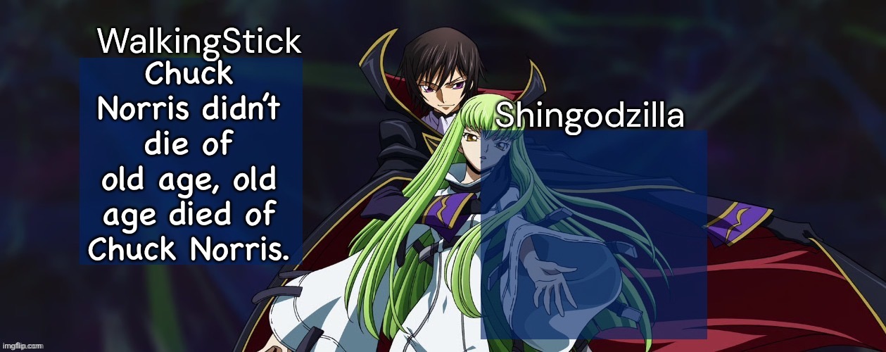 WalkingStick and Shingodzilla | Chuck Norris didn’t die of old age, old age died of Chuck Norris. | image tagged in walkingstick and shingodzilla,msmg | made w/ Imgflip meme maker