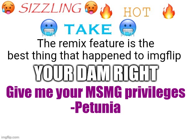 sizzling hot take | The remix feature is the best thing that happened to imgflip; Your dam right; Give me your MSMG privileges
-Petunia | image tagged in sizzling hot take,remix,msmg,imgflip | made w/ Imgflip meme maker