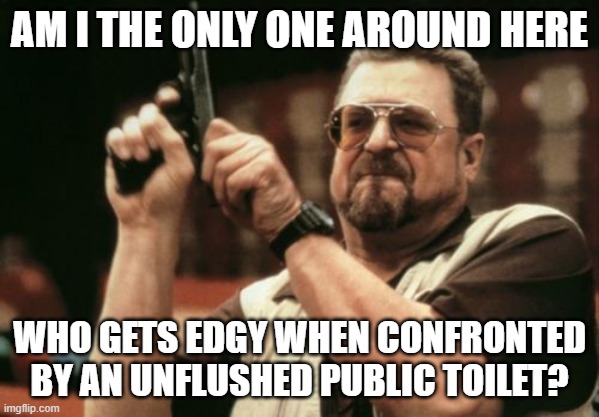 Public Restroom Trauma | am i the only one around here; who gets edgy when confronted by an unflushed public toilet? | image tagged in memes,am i the only one around here,public restrooms | made w/ Imgflip meme maker