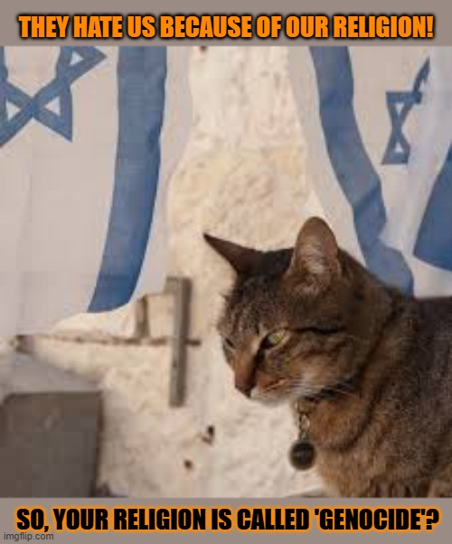 This #lolcat wonders why no sane hoo-mans like them | They hate us because of our religion! So, your religion is called 'Genocide'? | image tagged in zionism,zionists,judaism,fascism,lolcat | made w/ Imgflip meme maker