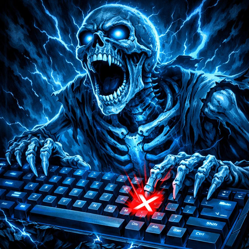 cool screaming blue skeleton and keyboard with x highlighted Blank Meme Template