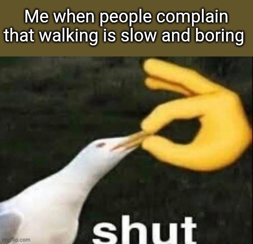 It's annoying | Me when people complain that walking is slow and boring | image tagged in shut | made w/ Imgflip meme maker