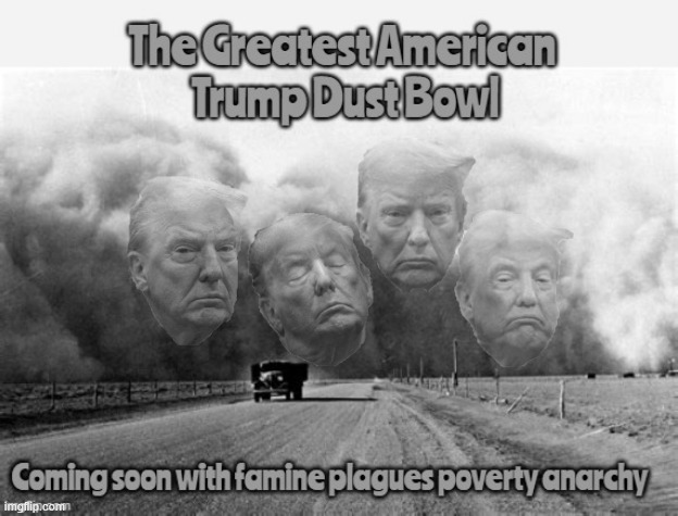 Trump's great dust nowl | image tagged in trump's great dust nowl,famiam plagues povert anachy,all se are is dust in the wind,maga maniac | made w/ Imgflip meme maker