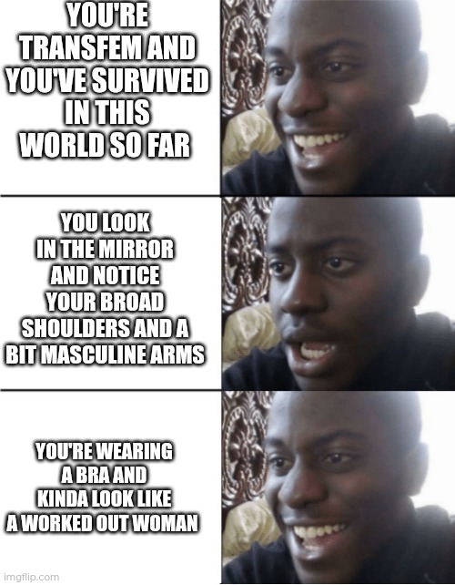 From mirror dysphoria to mirror euphoria within seconds with a bra and my mindset! | You're transfem and you've survived in this world so far; You look in the mirror and notice your broad shoulders and a bit masculine arms; You're wearing a bra and kinda look like a worked out woman | image tagged in happy sad happy,euphoria | made w/ Imgflip meme maker
