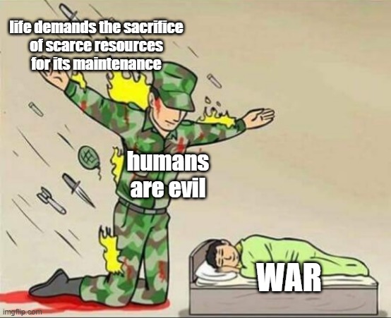 moralizing and externalizing | life demands the sacrifice
of scarce resources
for its maintenance; humans are evil; war | image tagged in soldier shielding child,ethics,philosophy,history,military,dark humor | made w/ Imgflip meme maker