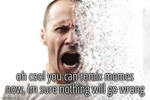 disintegrate | oh cool you can remix memes now, im sure nothing will go wrong | image tagged in disintegrate | made w/ Imgflip meme maker