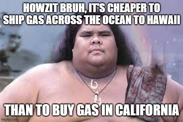 hawaiian | howzit bruh, it's cheaper to ship gas across the ocean to hawaii than to buy gas in california | image tagged in hawaiian | made w/ Imgflip meme maker
