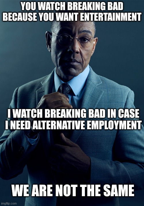 We are not the same | You watch breaking bad because you want entertainment; I watch Breaking bad in case I need alternative employment; We are not the same | image tagged in gus fring we are not the same | made w/ Imgflip meme maker