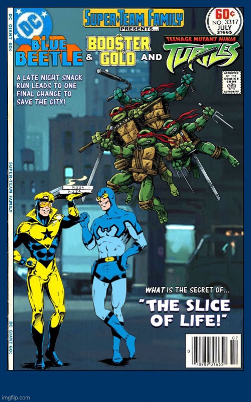 image tagged in comics,teenage mutant ninja turtles,booster gold,blue beetle,crossover,super team family | made w/ Imgflip meme maker