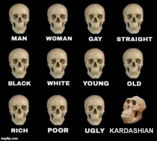 I know nothing about the Kardashians, I just thought the naming convention fit | kardashian | image tagged in idiot skull,kim kardashian,kardashians,lol so funny,skull,monkey | made w/ Imgflip meme maker