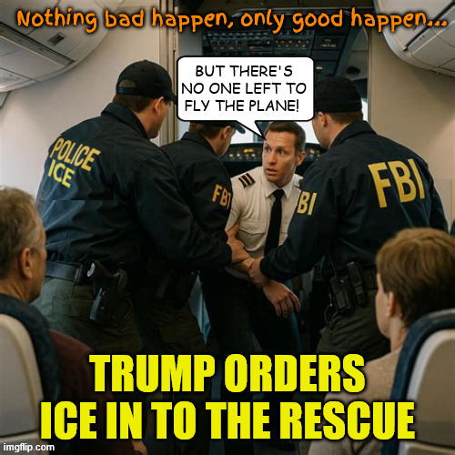 Trump ICE to the TSA rescue | image tagged in trump ice to the tsa rescue,nothing bad happen,only good happen,maga morons,cash landings are democats fault | made w/ Imgflip meme maker