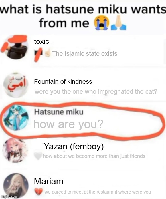 toxic The Islamic state exists Fountain of kindness were you the one who impregnated the cat? how are you? Yazan (femboy) how about we becom | made w/ Imgflip meme maker