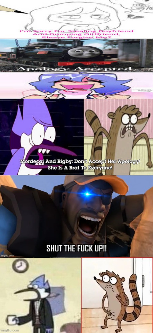 Demoman tells Mordecai and Rigby to shut up | image tagged in ruin this fill in meme 552,team fortress 2,deviantart,alright i get it,demoman,why are you reading the tags | made w/ Imgflip meme maker